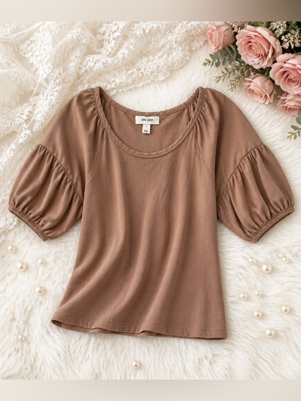 ON/SÈN Taupe Puff Sleeve Scoop‎ Neck Blouse